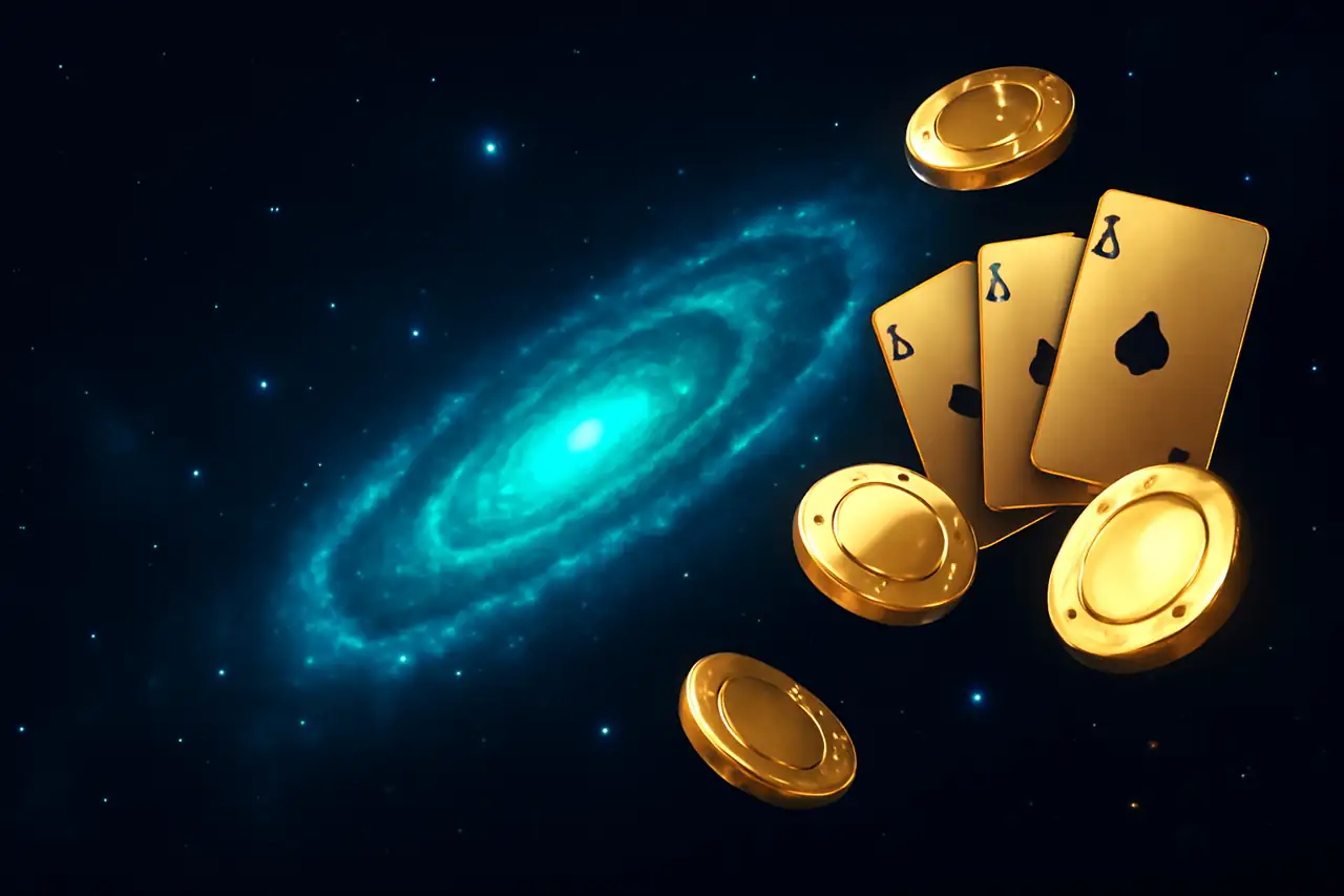 Andromedasino — Andromeda-melkwegstelsel met casinofiches in cyaan licht